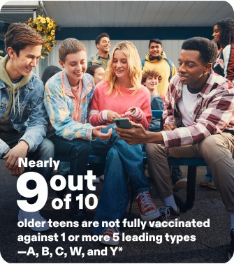 Actor portrayal of a group of older teens in close quarters and text reading "Nearly 9 out of 10 older teens are not fully vaccinated against 1 or more of the 5 leading types - A, B, C, W, and Y"