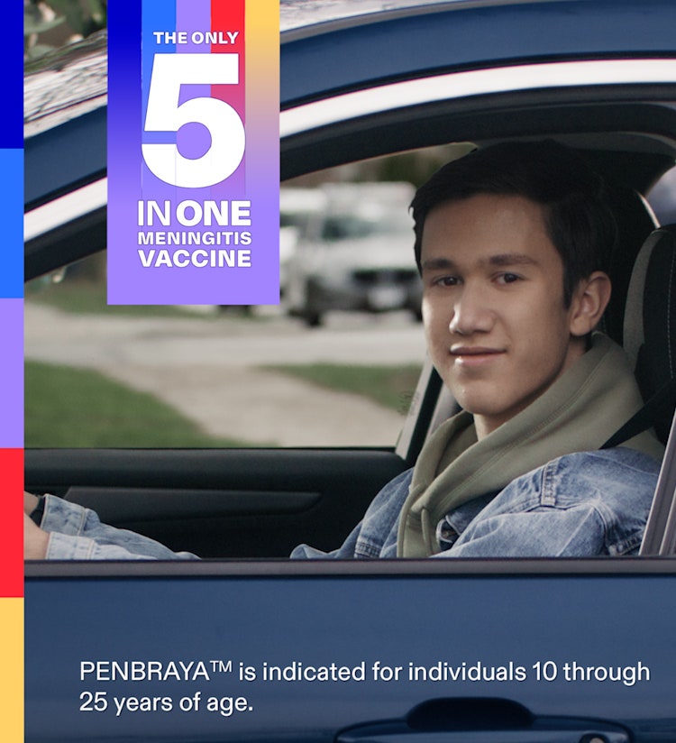 Actor portrayal of an older teen driving a car and text reading "The only 5 in one meningitis vaccine" and "Even though he's 16, you still want to help protect him"